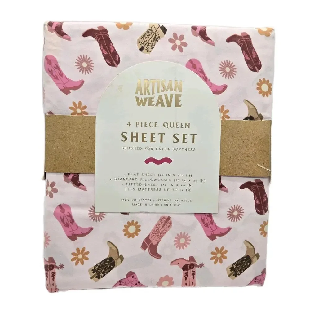 Pink Western Cowboy Boots & Flowers Artisan Weave QUEEN 4 Piece Bedding Set NEW